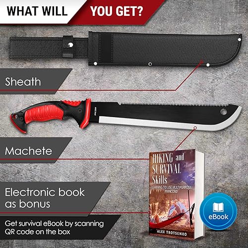 Machete with Saw - 17” Heavy Duty Tool & Sheath - Ergonomic No-Slip Handle - Survival Knife with Serrated Blade - Machetes for Bushcraft Outdoor Hunting Garden Cutting Trees and Yard Work 111084