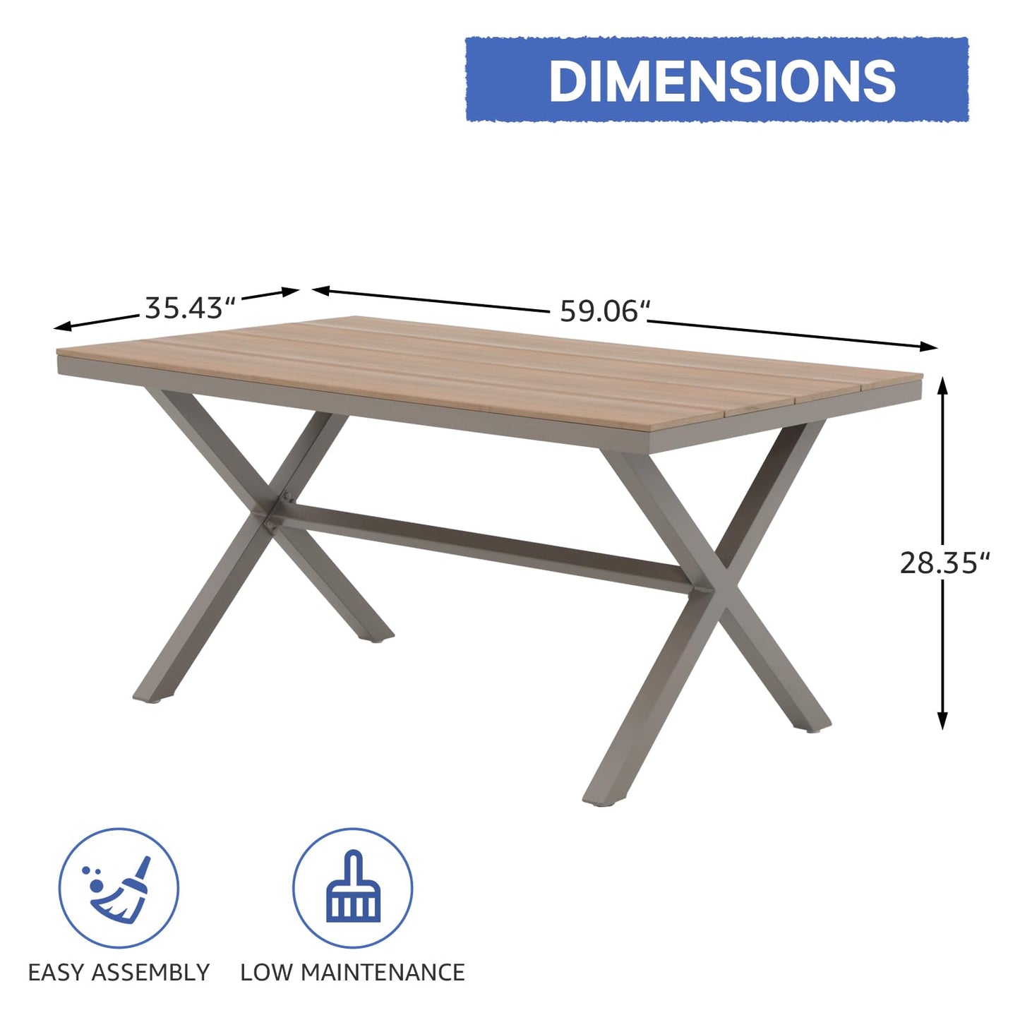 Soleil Jardin Aluminum Outdoor Dining Table for 6 Person with X-Shape Legs & Adjustable Feet, Large Rectangle Patio Table w/Faux Wood Grain for Garden Backyard Parties, Teak Wood Color