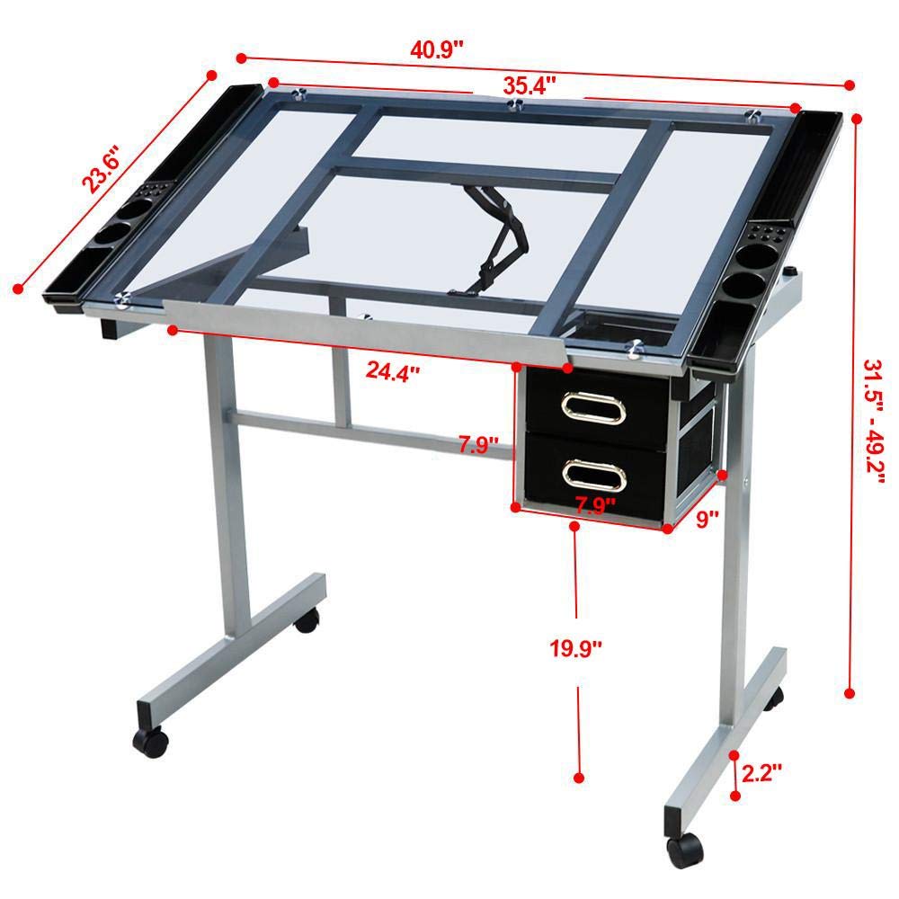 Yaheetech Drawing Desk Adjustable Glass Drafting Study Table for Diamond/Versatile Art Craft Station w/ 2 Slide Rolling Wheels and Drawers for Artist Painters Home Office