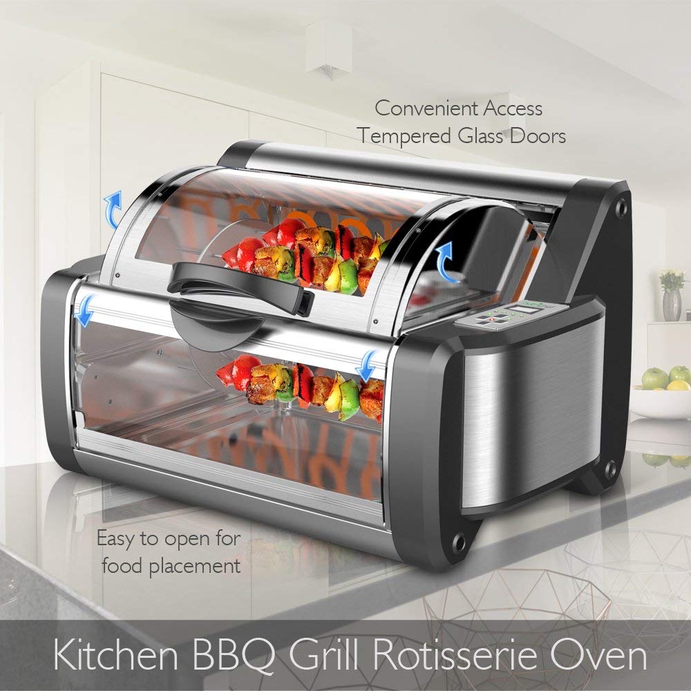 NutriChef Digital Countertop Rotisserie Oven - Rotating Roaster Grill Oven Stain Resistant Stainless Steel, Tempered Glass Includes Kebob Rack with 7 Skewers - PKRTVG65BK