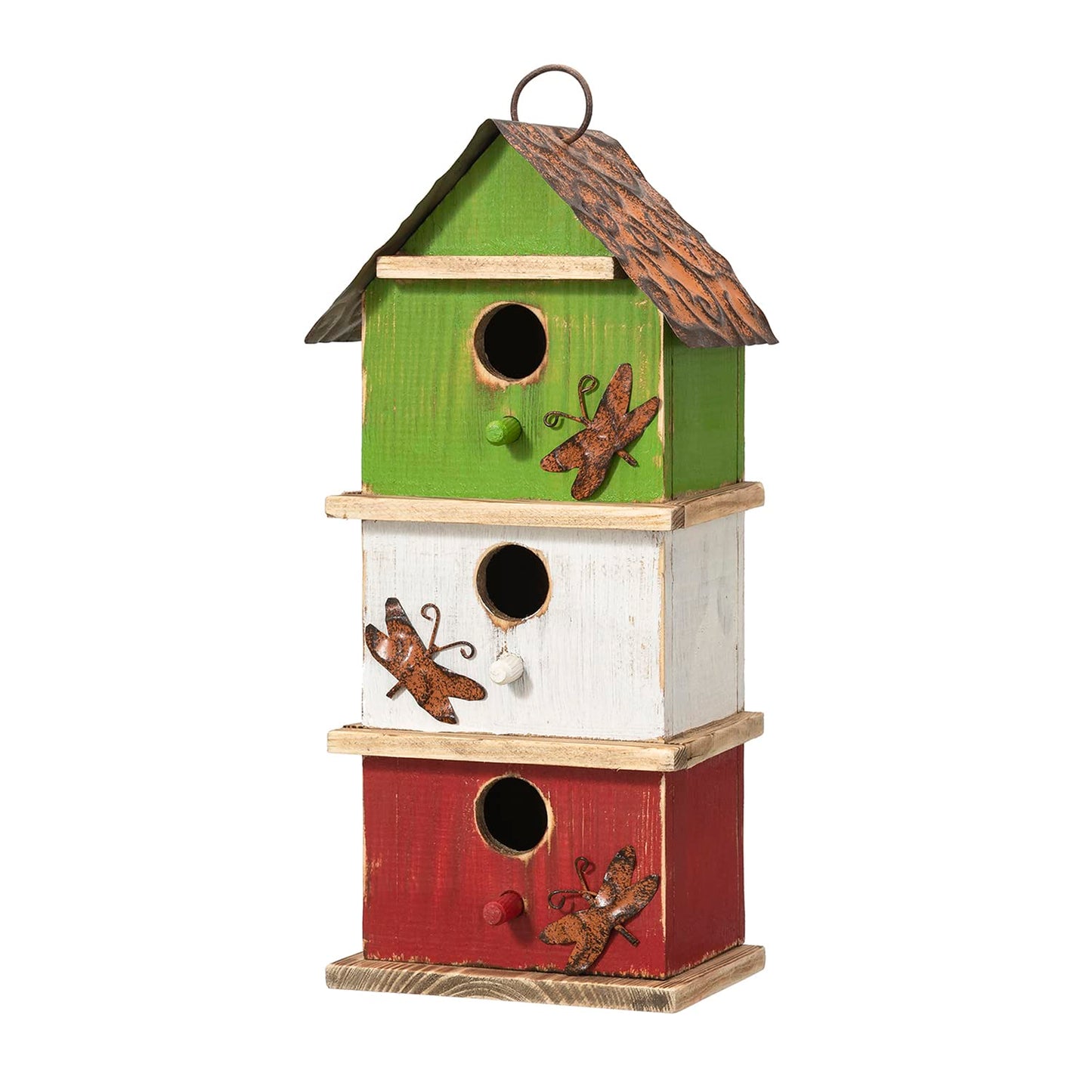 Glitzhome 13.75" H Multicolored Three-Tiered Distressed Solid Wood Birdhouse Garden Hanging Bird House for Outdoors