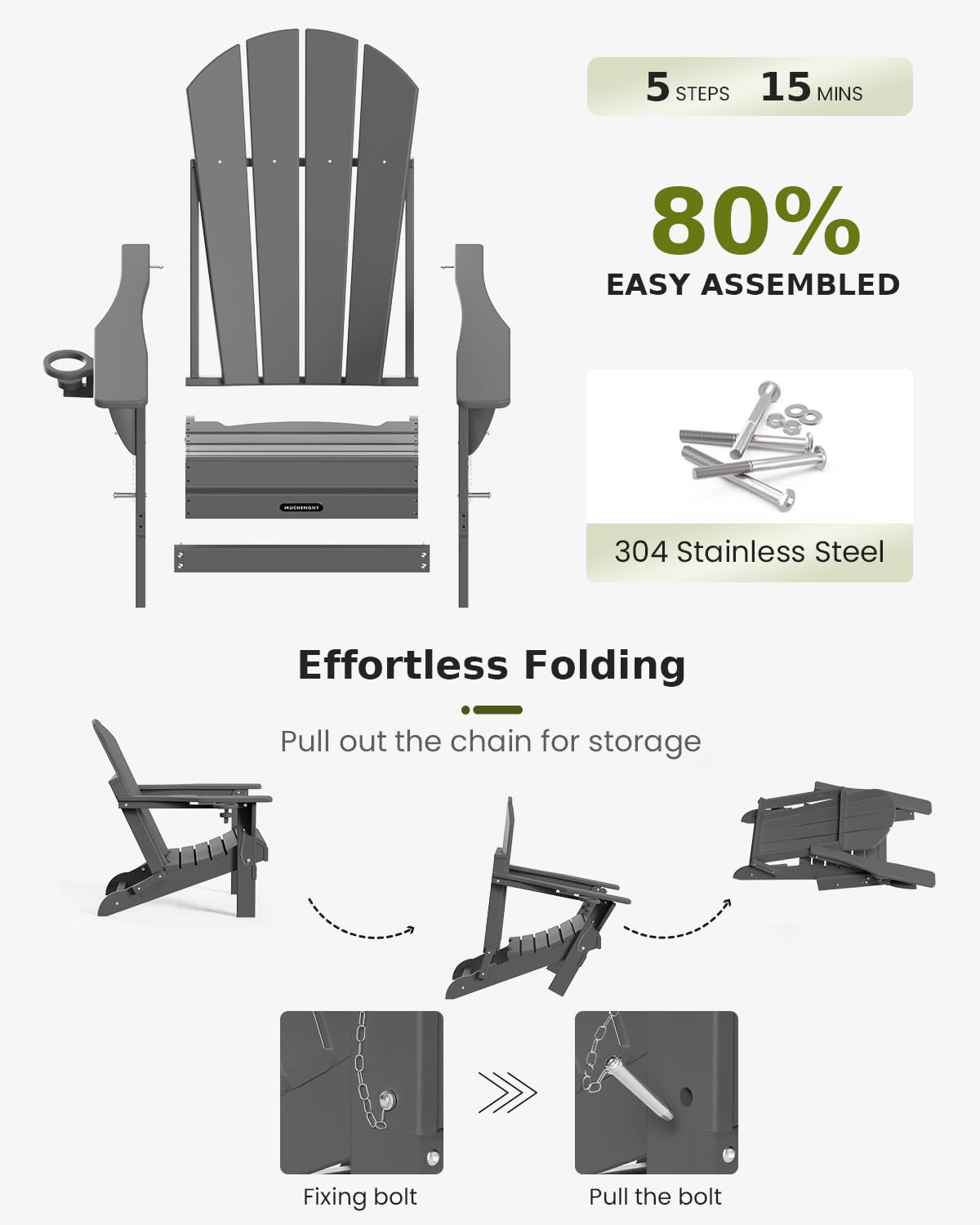 MUCHENGHY Folding Adirondack Chairs HDPE Weather Resistant, Patio Firepit Chairs, Sturdy Outside Chairs, Lawn Chairs, 15min Assembly 380lb Grey