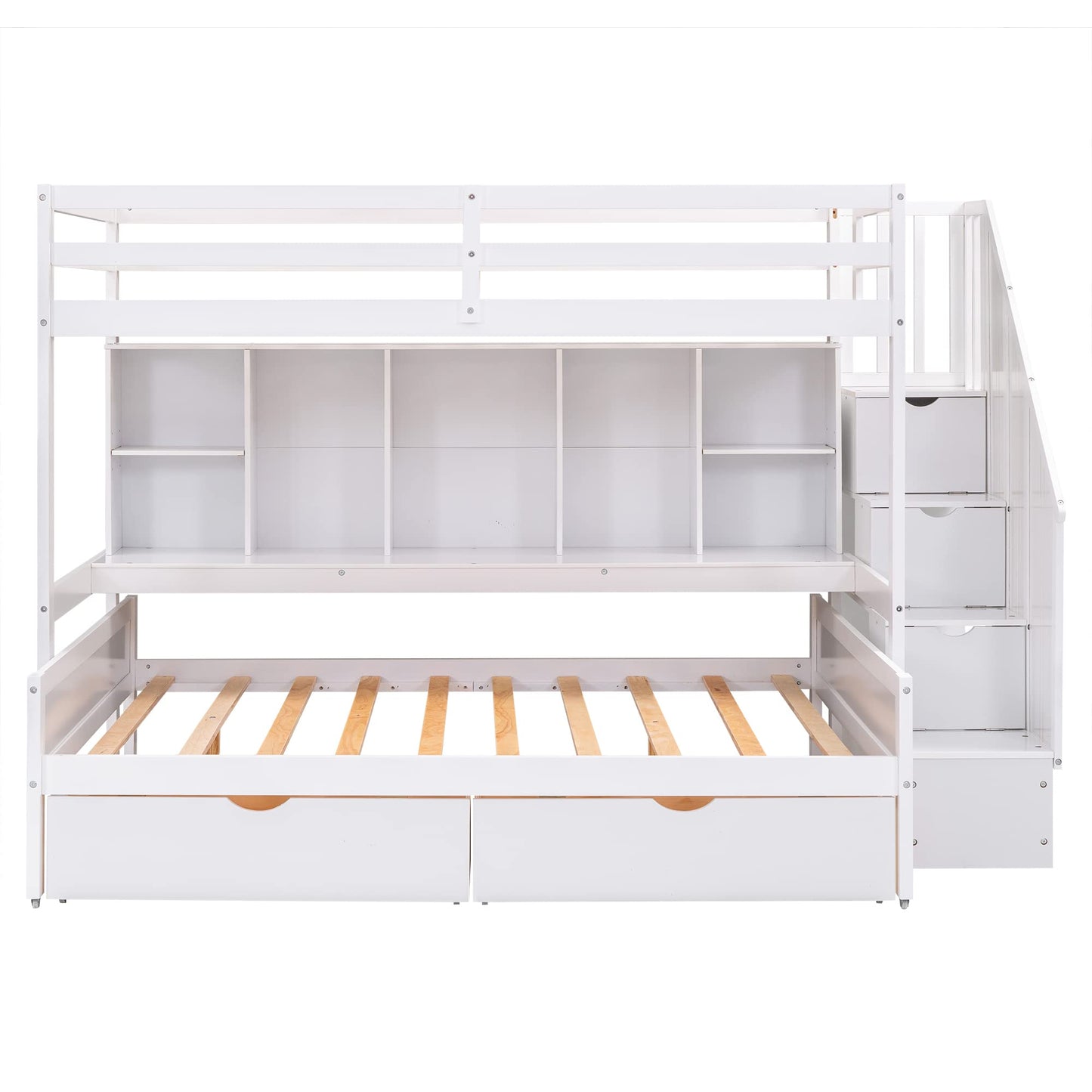BIADNBZ Twin XL Over Full Bunk Bed with Stairs, Built-in Storage Shelves and Drawers, Convertible BunkBed into 2 Bedframe, for Kids/Teens/Adults Bedroom, White