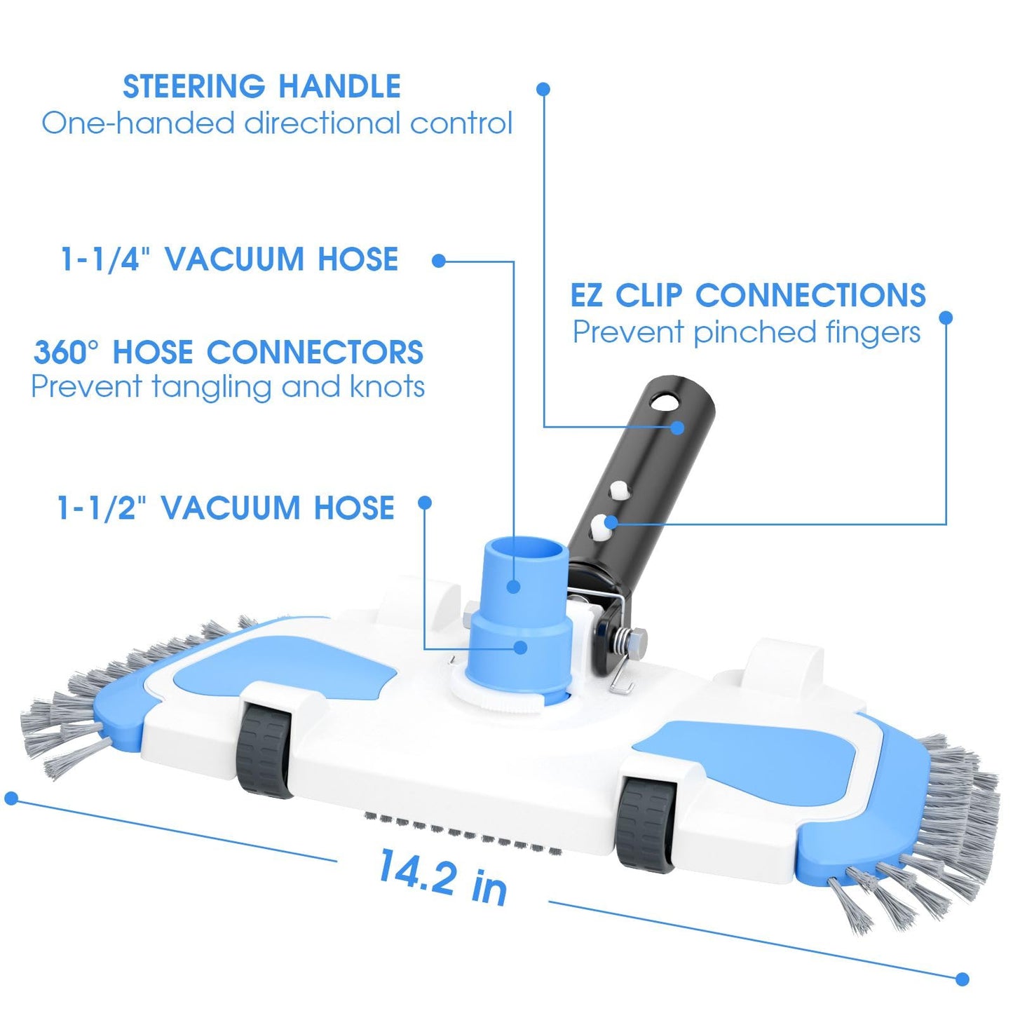 (2024 New Version) Pool Vacuum Head with Direction-Control Swivel Handle, Stable-Maintain Spring, Vinyl Pool Vac with Wheels, Side Brush for Inground & Above Ground Pools