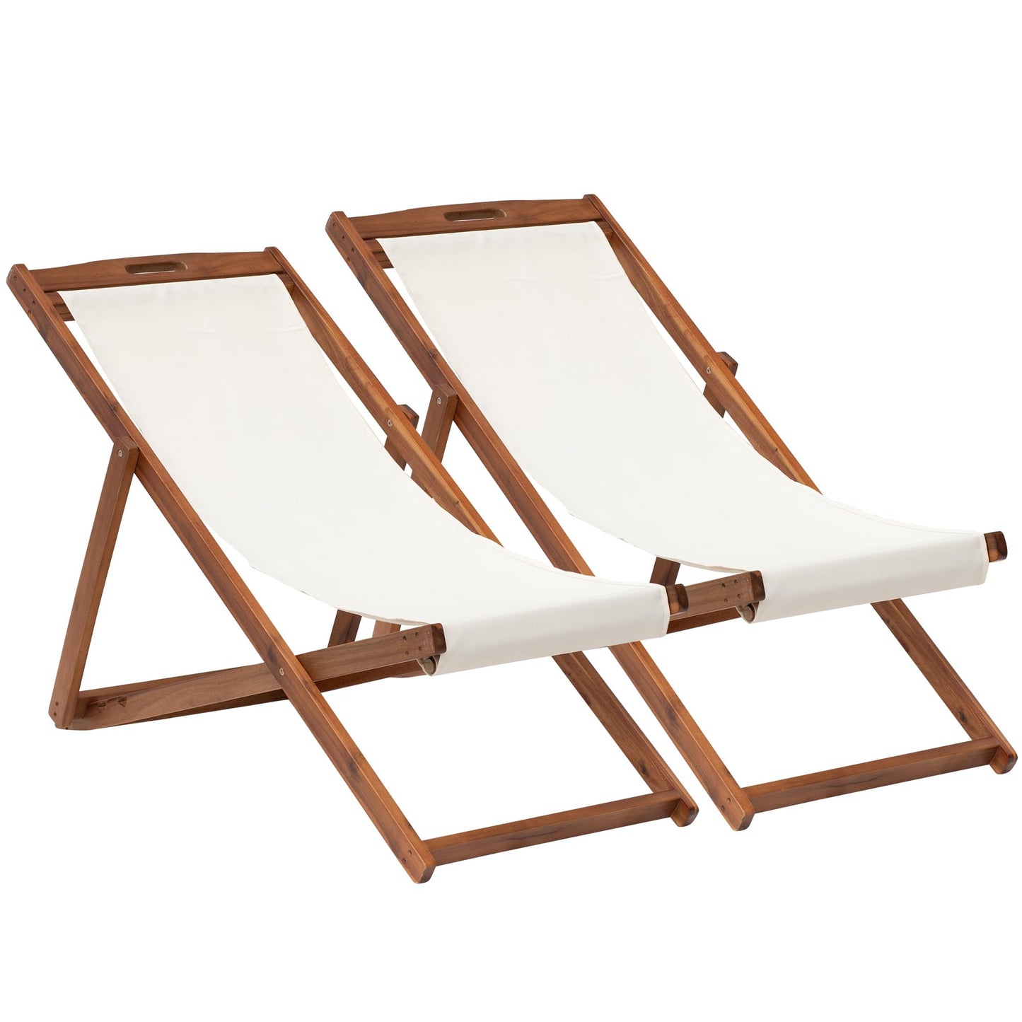 2 Set Sling Chairs Folding Sling Chair Set 3 Levels Waterproof Beach Sling Chair Outdoor Wood Patio Sling Chairs Whole Solid Eucalyptus Wood Frame for Beach Pool Side Balcony and Yard (Khaki)