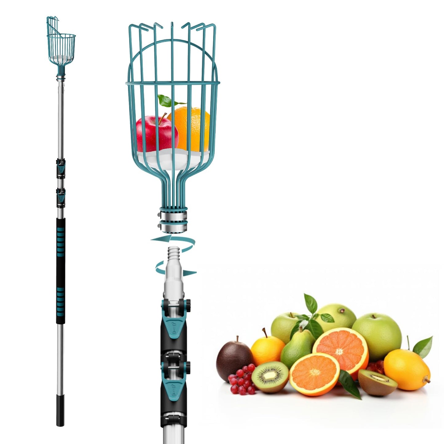 Telespro 12FT Telescoping Fruit Picker (20+ Foot Reach) | Lightweight High-Grade Aluminum Extension Pole with Easy Attach Twist-On Apple Basket | Durable Fruit Picking Tool