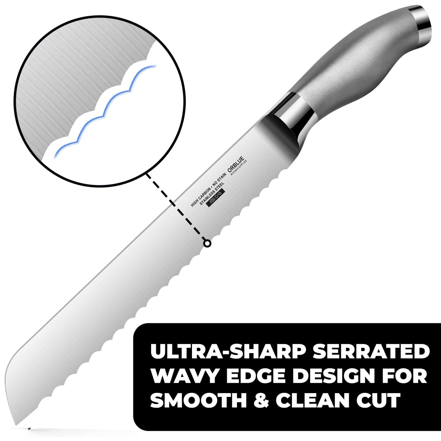 Orblue Serrated Bread Knife with Upgraded Stainless Steel Razor Sharp Wavy Edge Width - Bread Cutter Ideal for Slicing Homemade Bagels, Cake (8-Inch Blade with 5-Inch Handle)