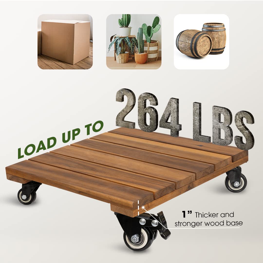 Idzo 2pack 14inches Wood Plant Caddy With Wheels Heavy Duty, 264 Lbs Capacity, Acacia Hardwood Plant Dolly, Plant Stand with 360° Lockable Wheels for Plant Pots, Heavy Objects Hauling - Natural Wood