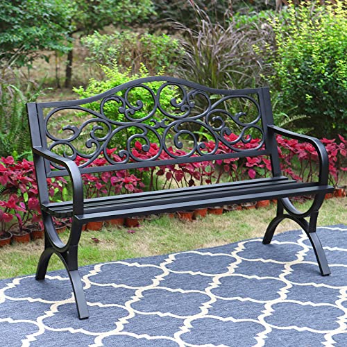 MFSTUDIO 50 Inches Outdoor Garden Bench,Cast Iron Metal Frame Patio Park Bench with Floral Pattern Backrest,Arch Legs for Porch,Lawn,Garden,Yard（Black）