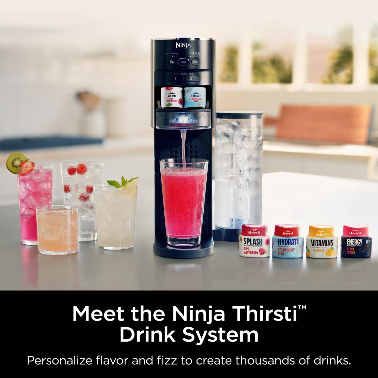 Ninja Thirsti Drink System, Soda Maker, Create Unique Sparkling & Still Drinks, Personalize Size & Flavor, Carbonated Water Machine, 60L CO2 Cylinder & Variety of Flavored Water Drops, Black WC1001