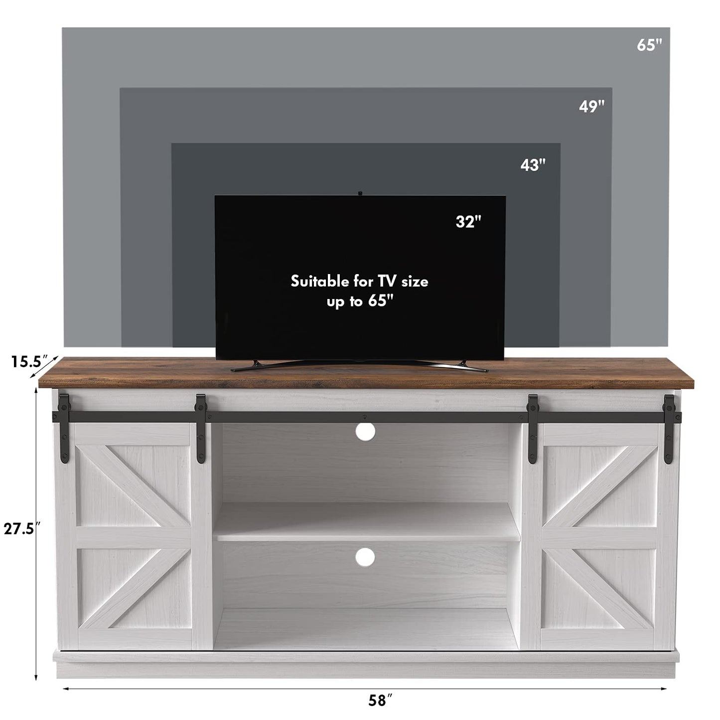 JUMMICO TV Stand for 65 Inch TV, Entertainment Center with Storage Cabinets and Sliding Barn Doors, Mid Century Modern Media TV Console Table for Living Room Bedroom (Bright White)