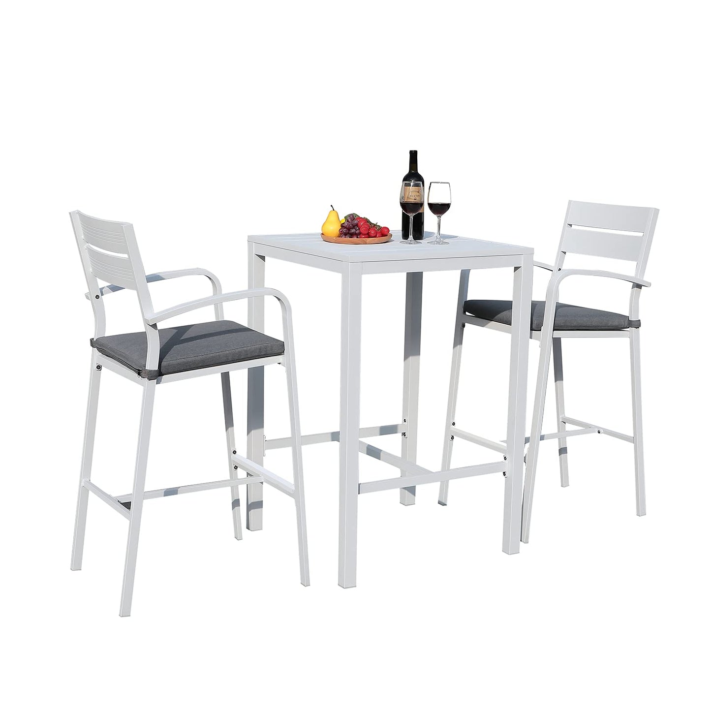 Soleil Jardin Aluminum Outdoor Bar Set, 3-Piece Outdoor Bar Height Table and Chairs Set, Counter Height Bar Stools with Cushions & Slatted High Top Bar Table for Patios, Backyard, Poolside, White