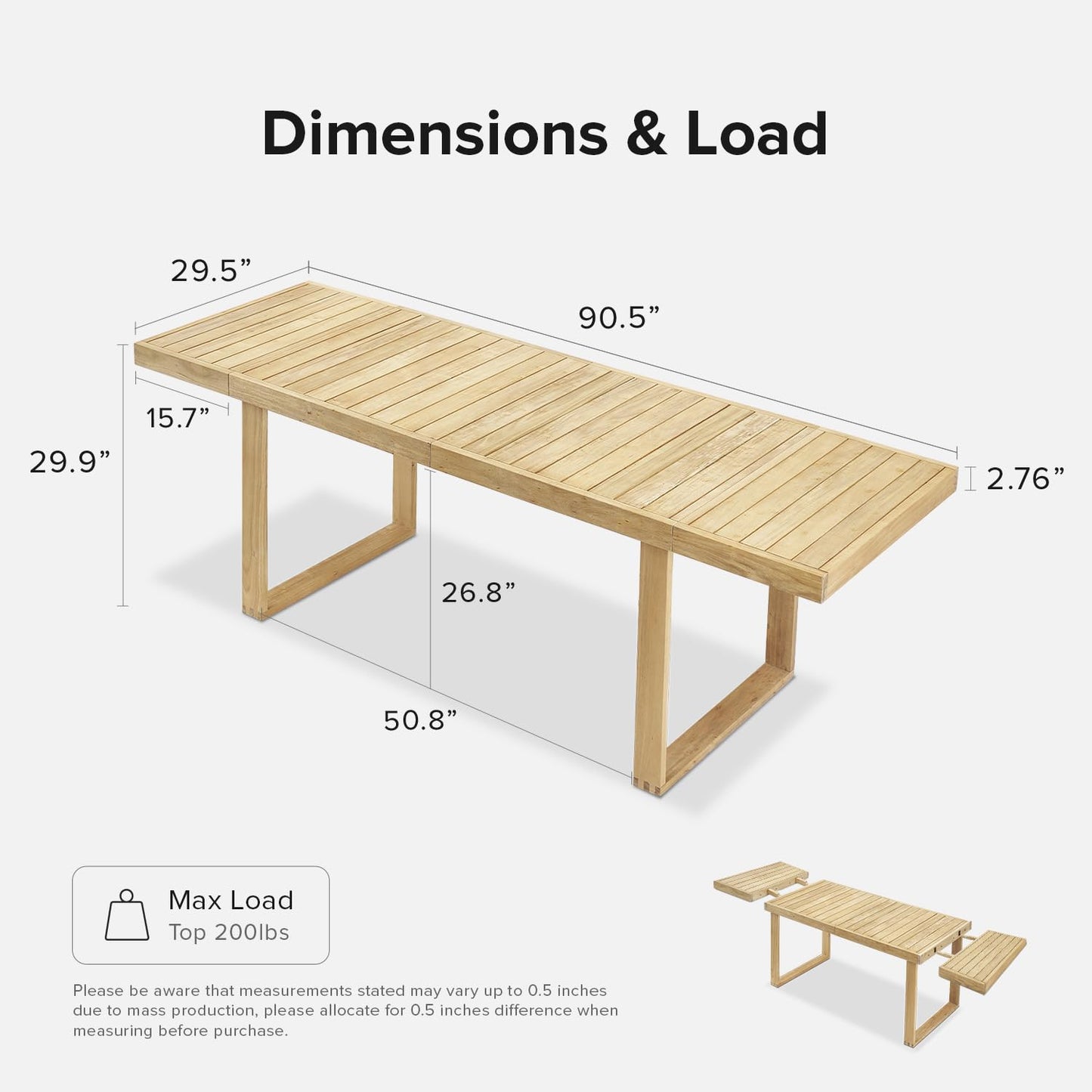 mopio Bruno Patio Dining Table, Solid Acacia Wood Outdoor & Indoor Tables for Dining, Slatted Mid Century Modern Farmhouse Table, Rectangle Picnic Backyard Poolside Porch Conversation Table (90.5")