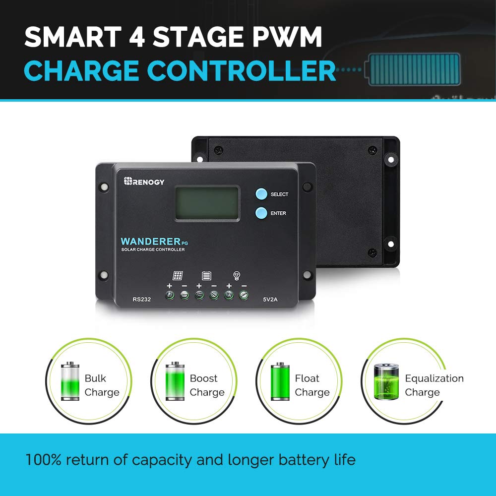 Renogy 10A 12V/24V PWM Postive Ground Solar Charge Controller Regulator Compact Design w/ LCD Display for Deep Cycle Sealed, Gel, and Flooded Battery, Wanderer PG 10A,Black