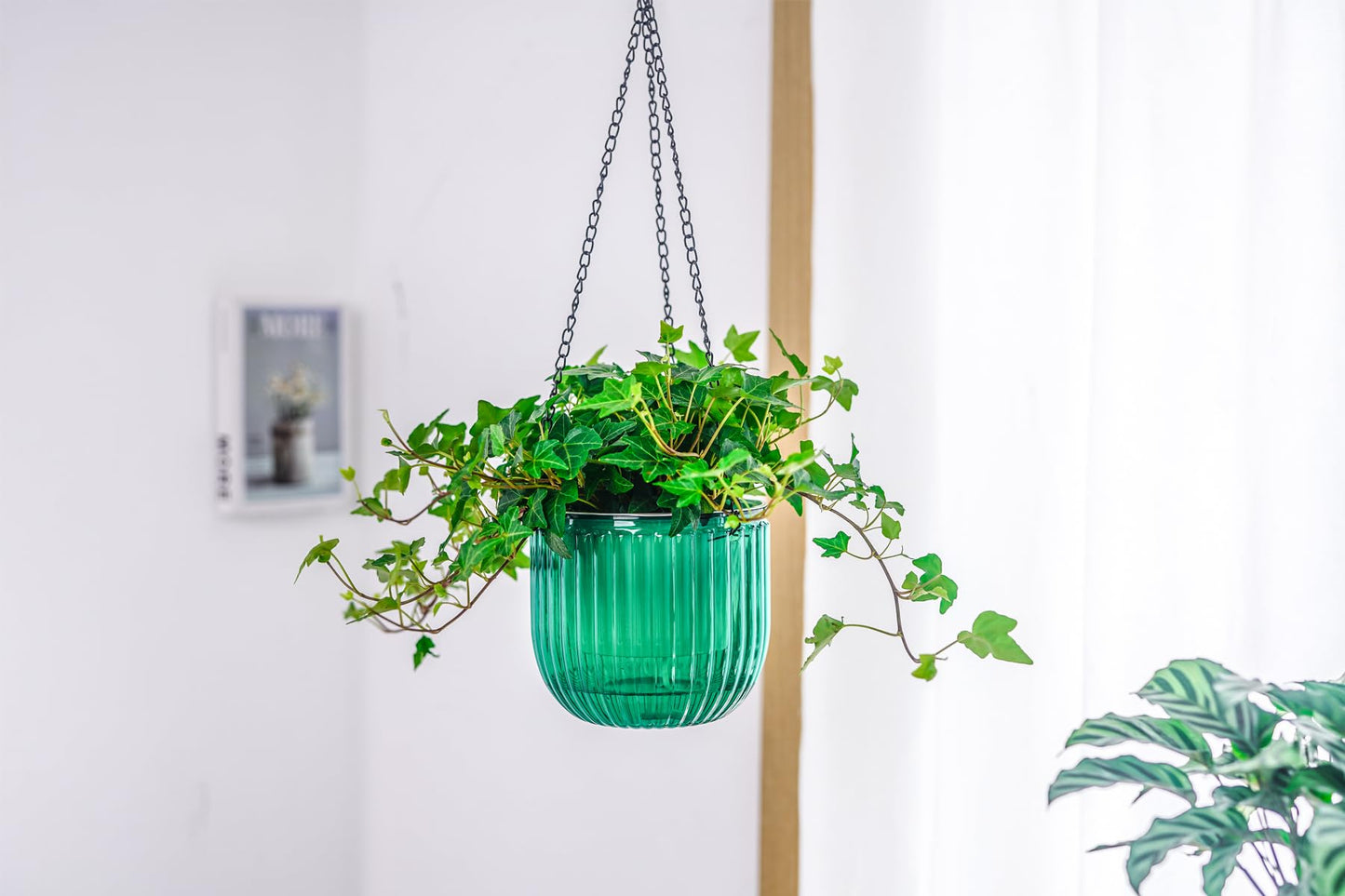 Melphoe 2 Pack Self Watering Hanging Planters Indoor Flower Pots, 6.5 Inch Outdoor Hanging Basket, Plant Hanger with 3Hooks Drainage Holes for Garden Home (Emerald)