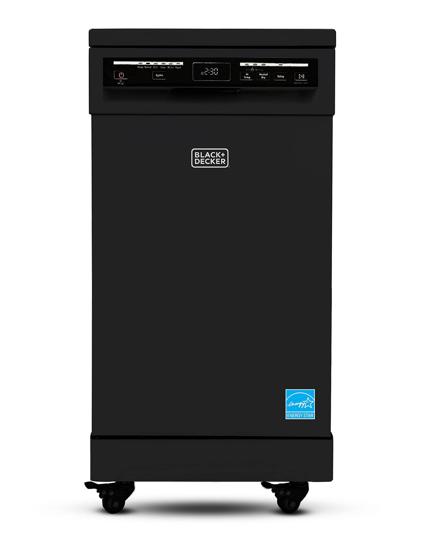 PORTABLE DISHWASHER ON WHEELS 18” WITH WORKTOP SPACE 8 PLACE-SETTING CAPACITY STAINLESS STEEL WITH FAUCET CONNECT BLACK+DECKER