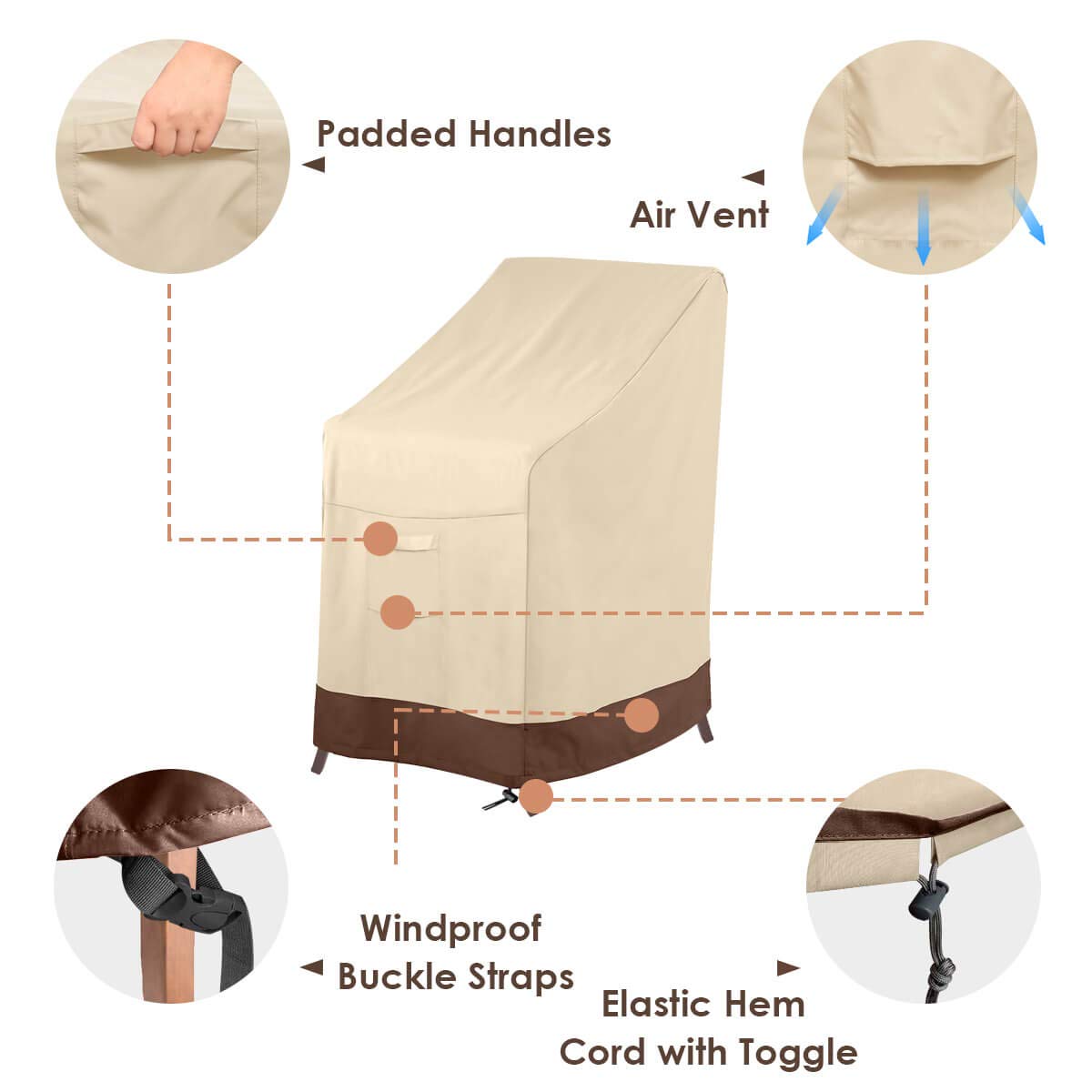 Vailge Stackable Patio Chair Cover,100% Waterproof Outdoor Chair Cover, Heavy Duty Lawn Patio Furniture Covers,Fits for 4-6 Stackable Dining Chairs,36"Lx28"Wx47"H,Beige&Brown