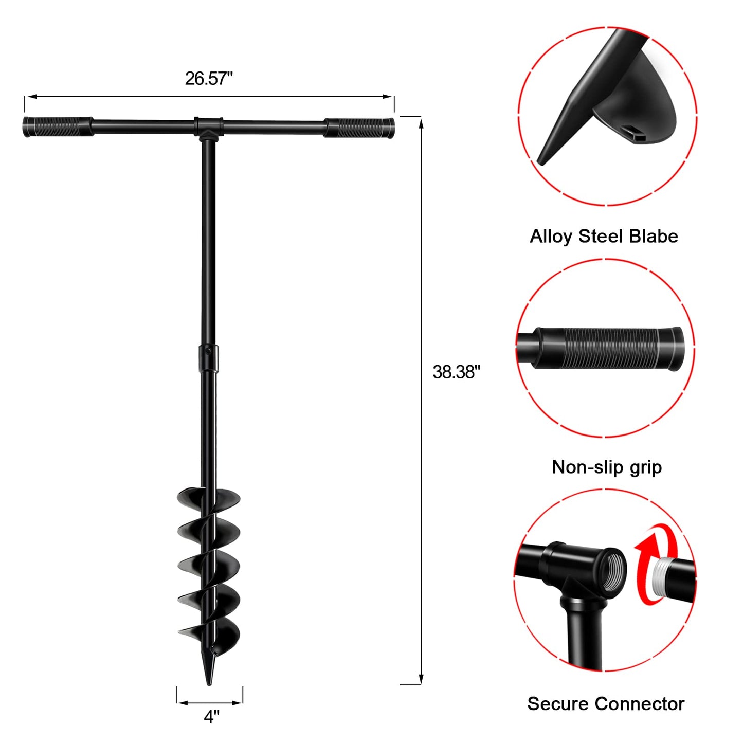 LONGRUN Hand Drill Auger Post Hole Digger, Manual Garden Hole Digging Drill Bit for Planting, Spiral Drill Planter for Bulb, Flower, Tree, Seedlings, Bedding Plants, Umbrella, Fence Holes-4"x 38"