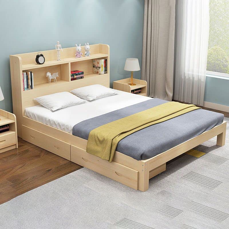 CraftThink Solid Wood Bed Frame, Nordic Solid Drawer Bed with Wood Bookcase Headboard for Bedroom Boys Girls, No Box Spring Needed, Full XL: 53" W x 86" Lx 37.5" H (Single Bed)