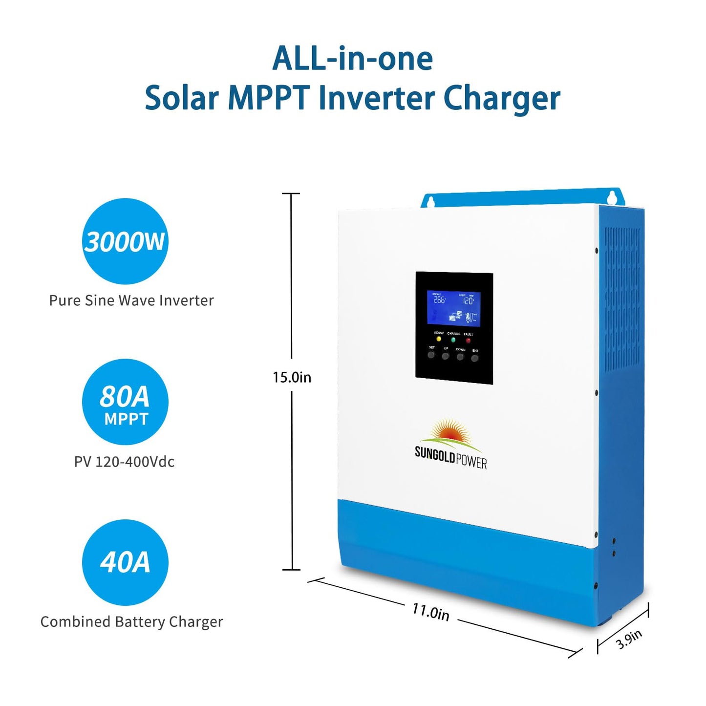 3000W DC 24V Pure Sine Wave Inverter with 80A MPPT Solar Charger and 40A AC Battery Charger, Hybrid Solar Inverter Charger Manufactured by SunGoldPowerCo.,Ltd (Upgraded)