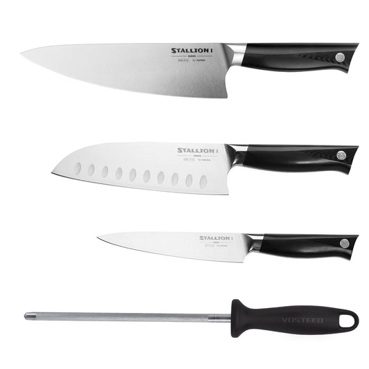 Stallion Sharp Kitchen Knife Set with Sharpener, Japanese Steel Chef Knife Set of 4 - Sharp 8" Chef's Knife & 7" Santoku Knife & 6" Petty Knife & a Honing Steel for Cutting, Gift Box