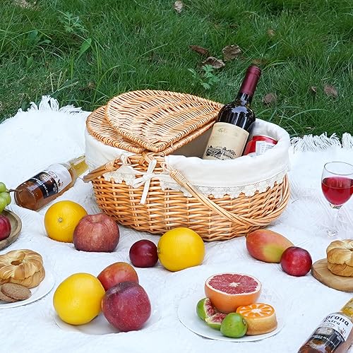 Wicker Picnic Basket with Removable Liner, Empty Picnic Baskets with Lid, Vintage-Style Picnic Hamper with Folding Woven Handle for Picnic, Camping, Outdoor, Halloween, Thanks Giving, Birthday (Cream)