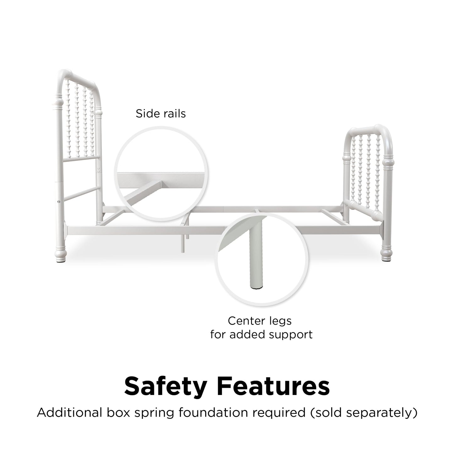 DHP Jenny Lind Kids Metal Bed Frame with Country Chic Headboard and Footboard, Underbed Storage Space for Toys, Twin, White