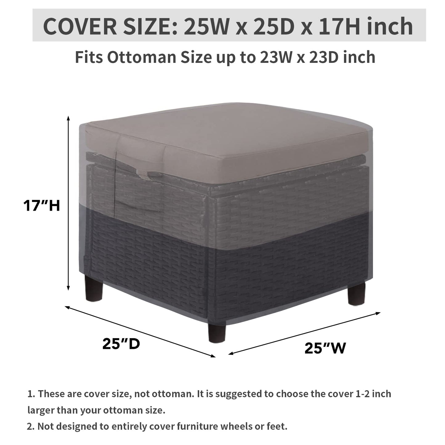 Easy-Going Outdoor Ottoman Cover, Waterproof Patio Ottoman Cover, Heavy Duty Outdoor Furniture Cover with Padded Handles (1 Pack-25"x25"x17", Gray/Dark Gray)