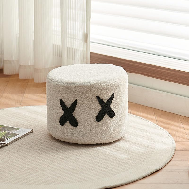 Lumosky Cute Round Stool Ottoman, Home Lamb Plush Living Room Cartoon Cute, Entrance Shoe-Changing Cream Stool,Living Room,Bedroom,Balcony Game,Desk,Playing Room (Black Eyes)