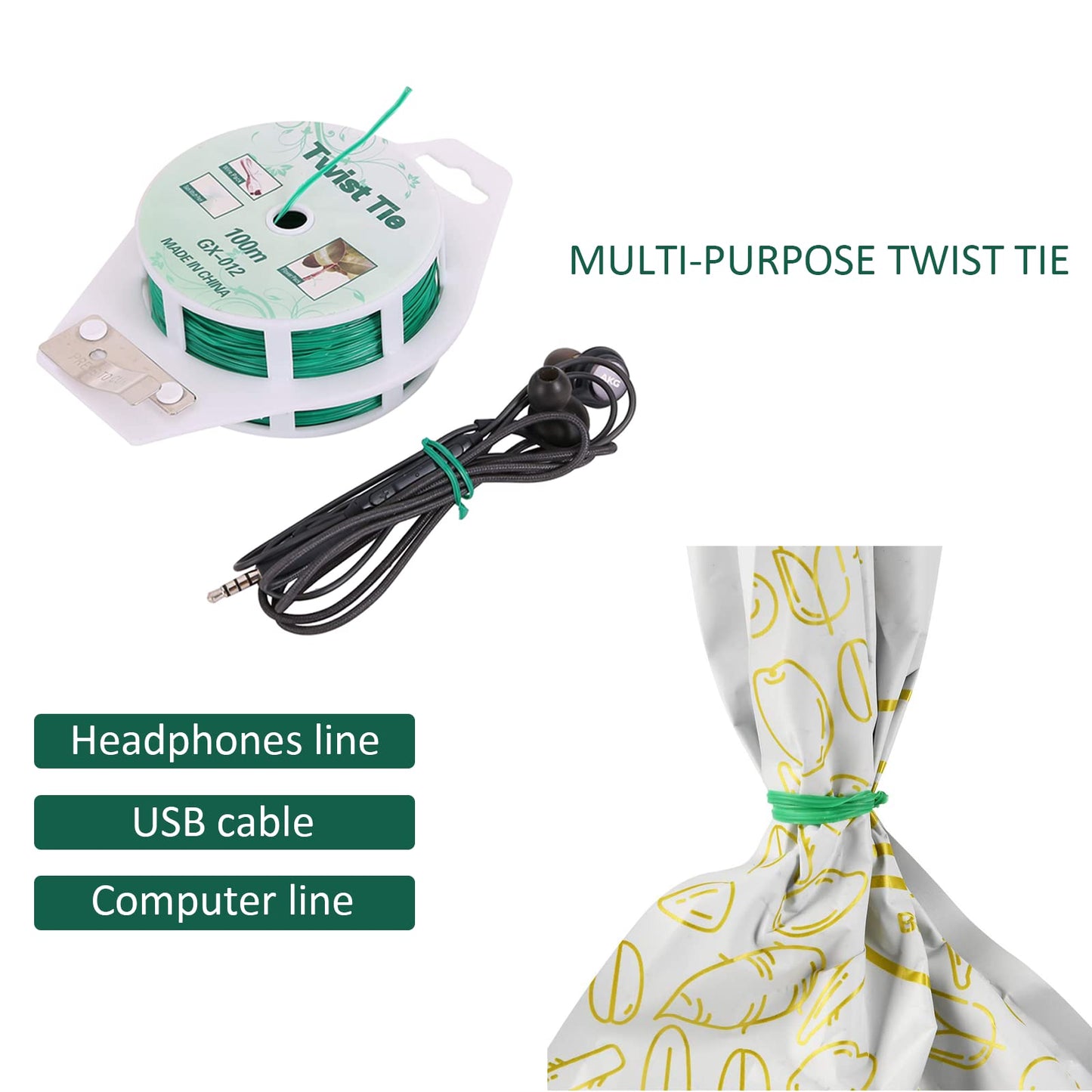 Twist Ties - All-Purpose Coated 328feet Garden Plant Ties with Trimmer Garden Twine Support Ties Reusable for Gardening Plants Growth and Care, Office Home Cable Organization (Green)