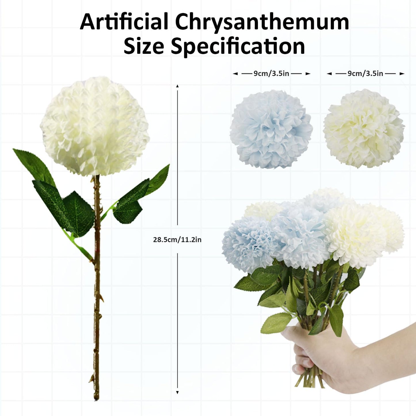 24 Artificial Chrysanthemums, White Blue Ball Flowers, Artificial Fake Flowers, Silk Plants Home Decoration DIY Flower Arrangement Art as Valentine's Day Gifts Wedding Flowers