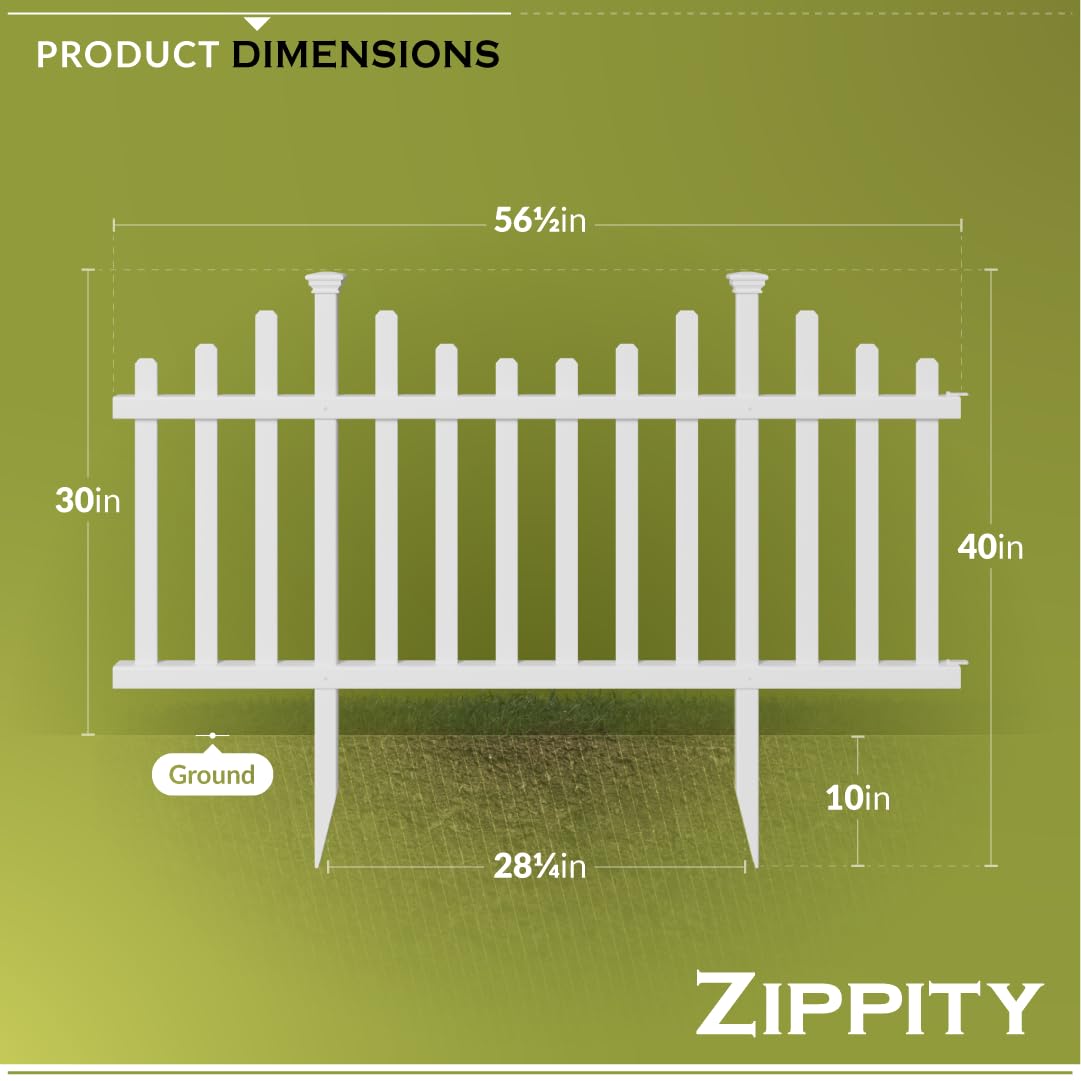 2.5ft H x 4.7ft W (2 Panels) No Dig Zippity Madison Fence Panel Kit, No Dig Fence Panels, White Vinyl Fences for Yard, Temporary Fence for Backyard, White Picket Fence Garden Border, DIY Fence ZP19001