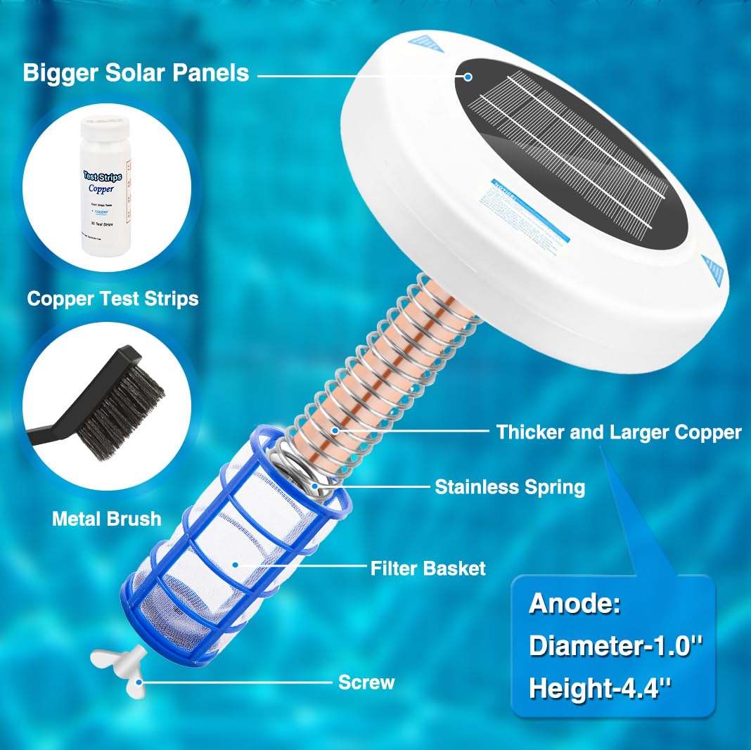 Solar-Powered Pool Ionizer, Automatic Floating Pool Cleaner Water Purifier with Thicker Copper Anode for Swimming Pool Up to 45,000 Gal, 85% Less Chlorine, Crystal-Clear Water Guaranteed!