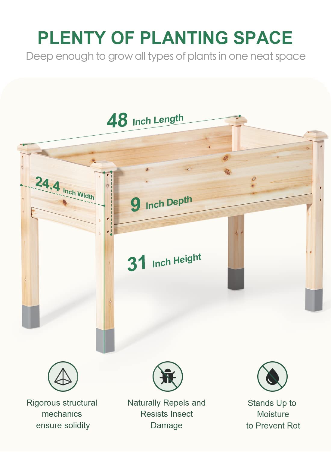MIXC Wooden Raised Garden Bed with Legs, 48”L X 24”W, Elevated Reinforced Large Planter Box for Vegetable Flower Herb Outdoors - Beam and Column Structure - Unmatched Strength Outlast