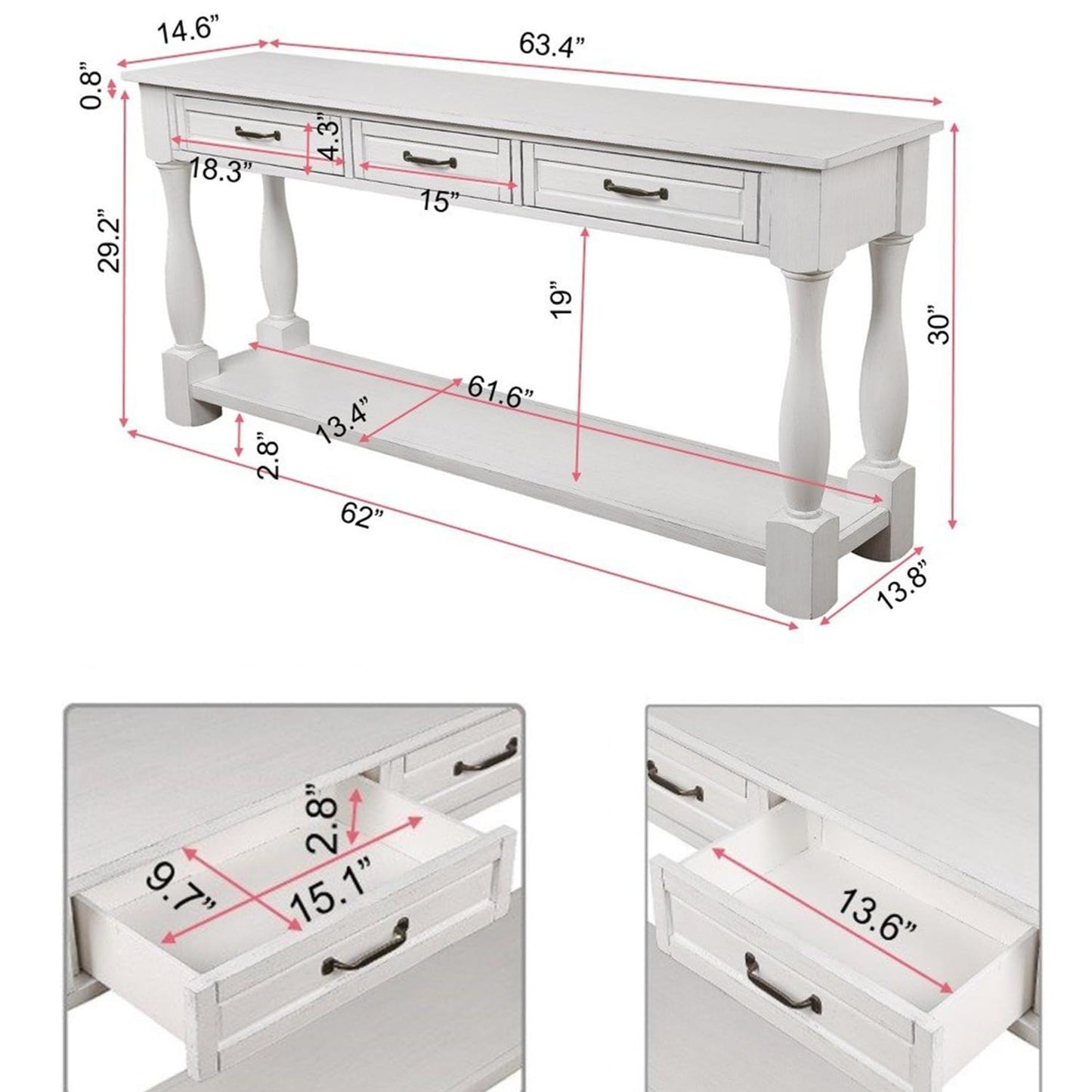 LKTART Solid Wood Console Table Sofa Table Entryway Table with 3 Drawers and 1 Bottom Shelf for Storage Entry Hallway Foyer Sofa (63" Antique White)