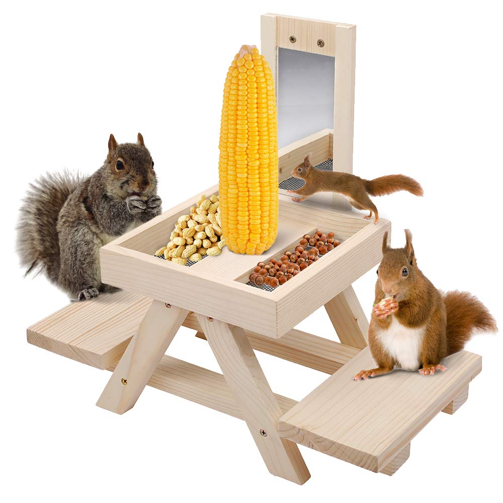 Solution4Patio Expert in Garden Creation Adorable Squirrel Feeder Picnic Table Shaped with Mirror, Corn Cob Holder and Snack Mesh Tray, for Fruit, Nuts, Peanut Butter Treats, Eay to Install