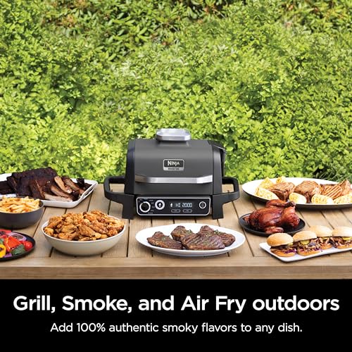 Ninja OG701 7-in-1 Outdoor Electric Grill & Smoker - Grill, BBQ, Air Fry, Bake, Roast, Dehydrate & Broil - Uses Woodfire Pellets - Portable & Weather Resistant