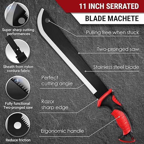 Machete with Saw - 17” Heavy Duty Tool & Sheath - Ergonomic No-Slip Handle - Survival Knife with Serrated Blade - Machetes for Bushcraft Outdoor Hunting Garden Cutting Trees and Yard Work 111084