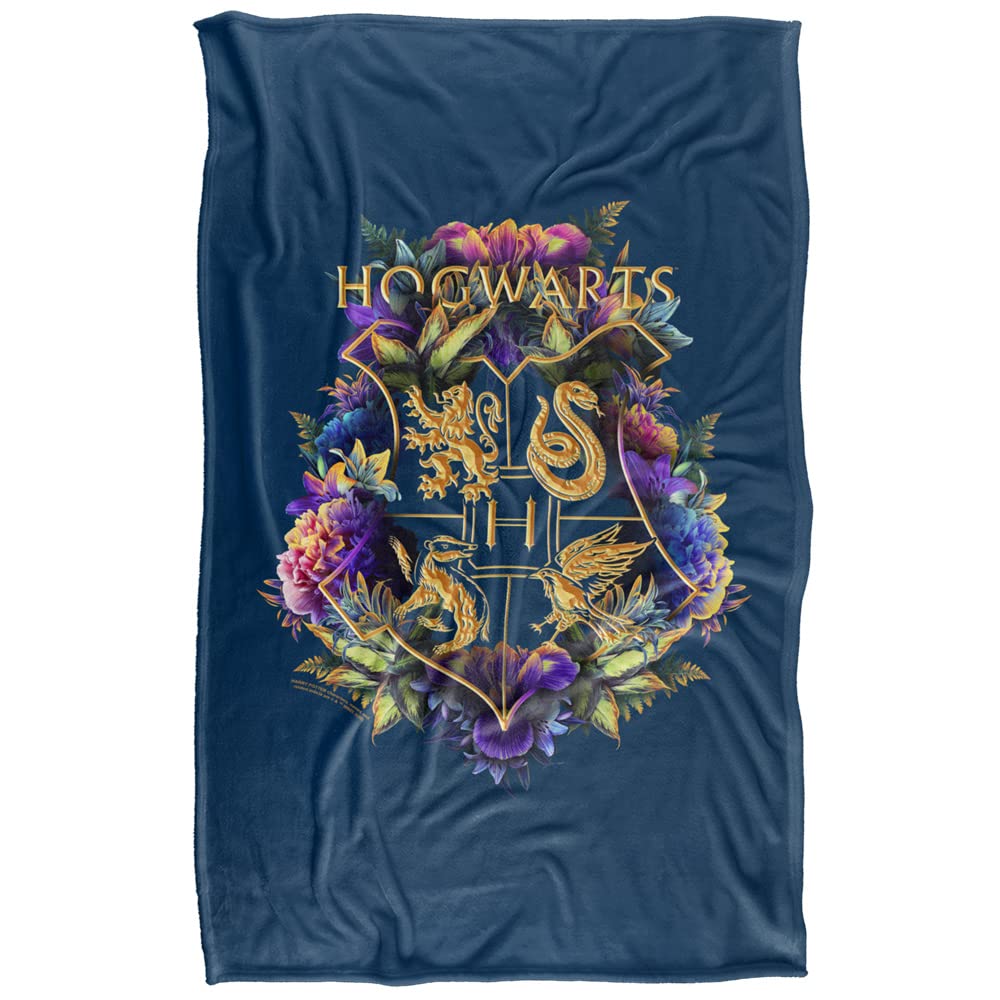 Harry Potter Hogwarts Multi-Colored Floral Crest Silky Touch Super Soft Throw Blanket 36" x 58",Hogwarts Multi-Colored Floral Crest, Blue