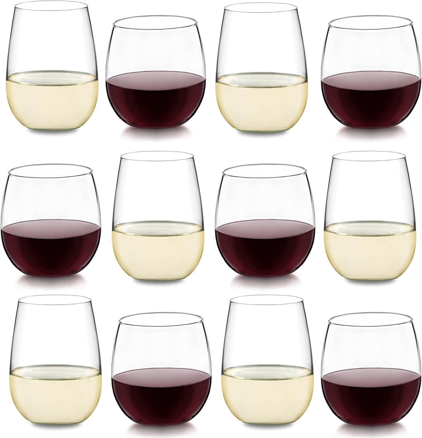 Libbey Stemless Wine Glasses Set of 12, Dishwasher Safe Red and White Wine Glass Set, Clear Drinking Glasses Set of 12 for Cocktails, Water, and More