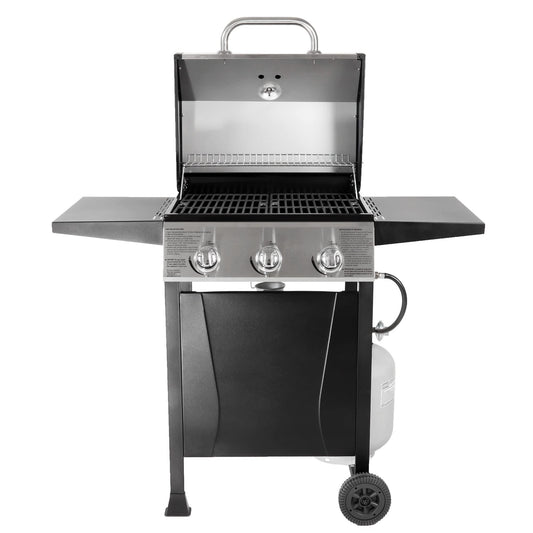 Grill Boss Outdoor Barbeque 3 Burner Propane Gas Grill for Barbecue Cooking with Top Cover Lid, Wheels, and Side Storage Shelves, Black