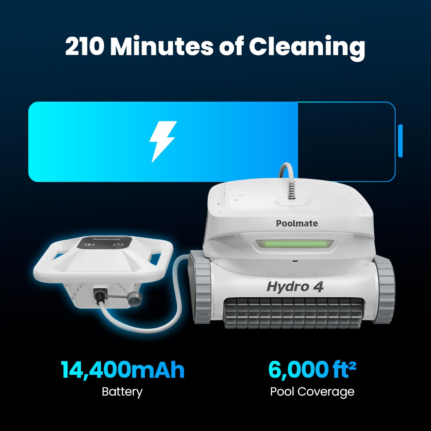 Poolmate Hydro 4 Battery Powered Robot Pool Cleaner, Large Floating Battery 3.5 Hour Runtime, Cloud App Control, Top-Load Filter, Wall & Waterline Cleaning, Inground & Aboveground Pools