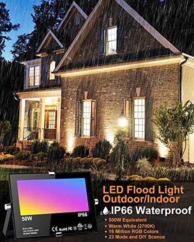ChangM LED Flood Light Outdoor 500W Equivalent,Bluetooth RGB Flood Lights with APP Control, DIY Scenes,IP66 Waterprooof,Timing,Warm White 2700K Color Uplight