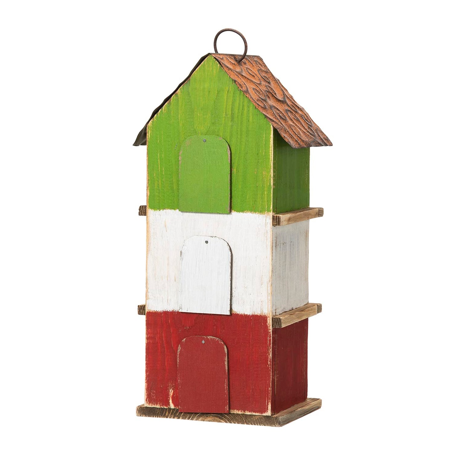 Glitzhome 13.75" H Multicolored Three-Tiered Distressed Solid Wood Birdhouse Garden Hanging Bird House for Outdoors