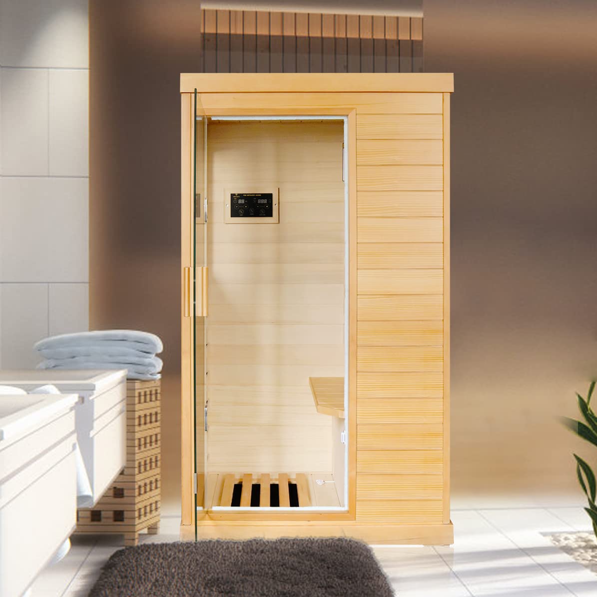 OUTEXER Far Infrared Sauna Home Sauna Spa Room Canadian Hemlock Wood 800W Indoor Saunas with Control Panel and Tempered Glass Door, Room:35.2 * 27.6 * 61.6Inch