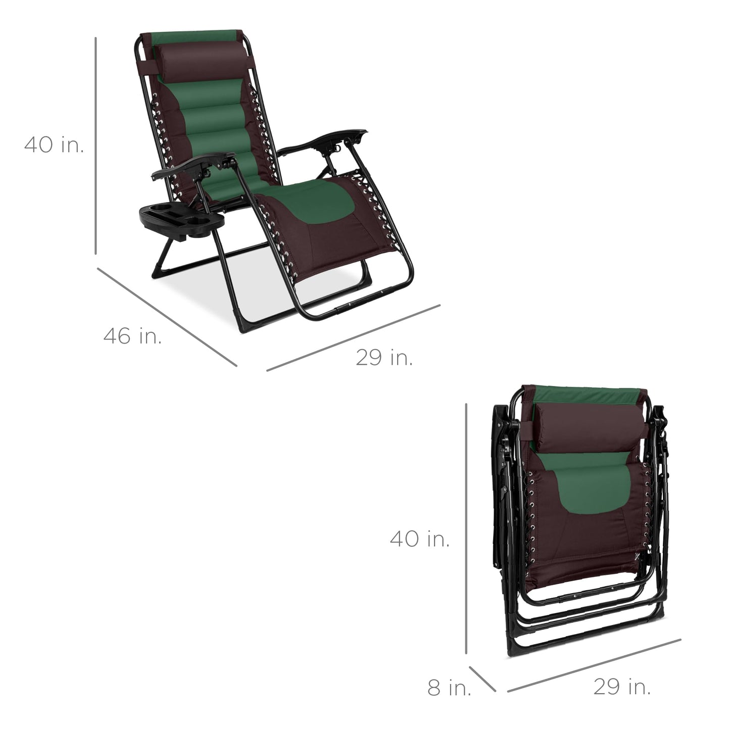 Best Choice Products Oversized Padded Zero Gravity Chair, Folding Outdoor Patio Recliner, XL Anti Gravity Lounger for Backyard w/Headrest, Cup Holder, Side Tray, Polyester Mesh - Espresso/Green