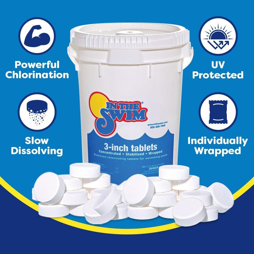 In The Swim 3 Inch Stabilized Chlorine Tablets for Sanitizing Swimming Pools - Individually Wrapped, Slow Dissolving - 90% Available Chlorine - Tri-Chlor - 25 Pounds