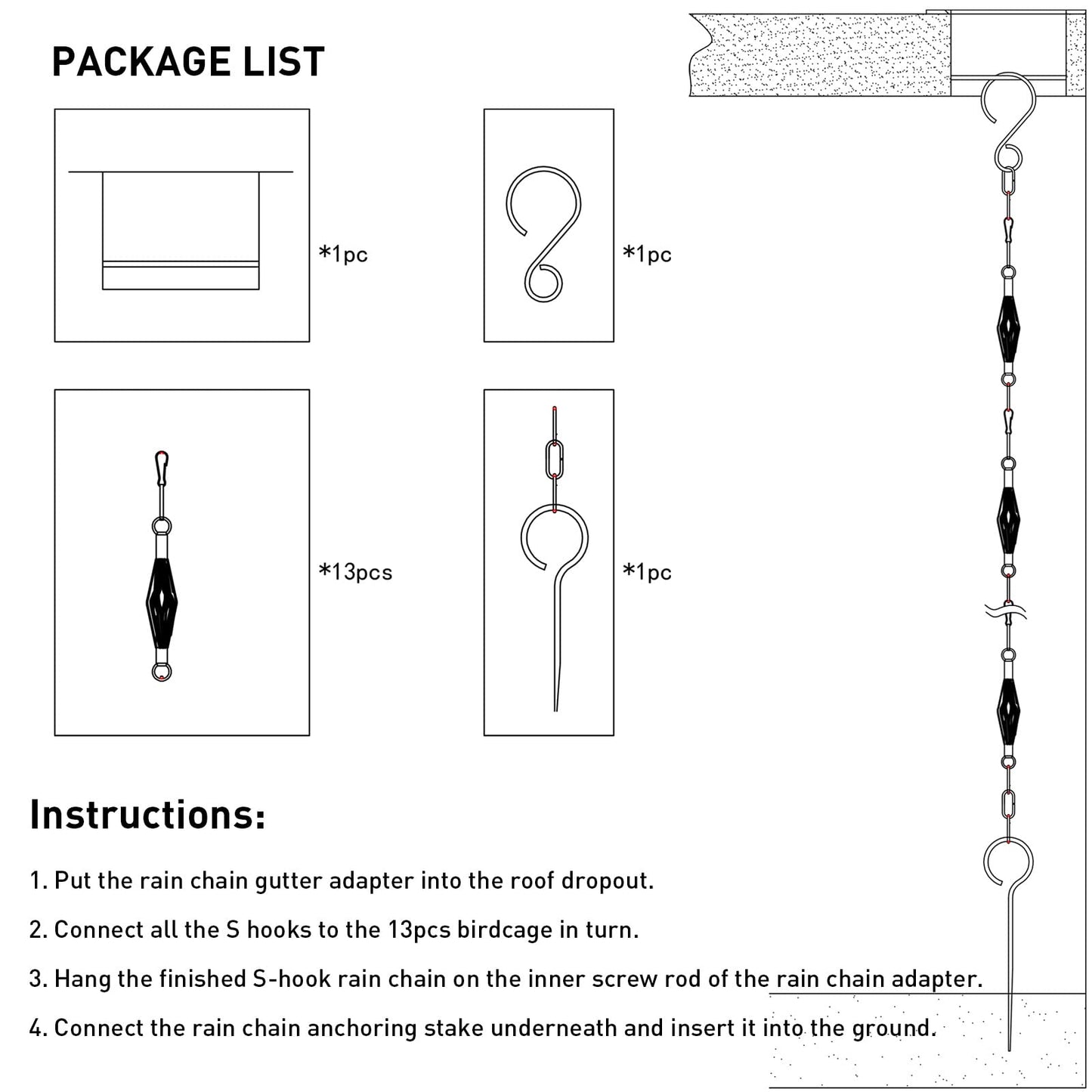 Rain Chain Bird Cage Set 8.5Ft, Not Rust Wrought Iron Rain Chains for Gutters with Adapter Gotta Drain and Rain Chain Anchoring Stake,13 Cups, 1 Hook, Adjustable Length for Garden Decorative (Coffee)