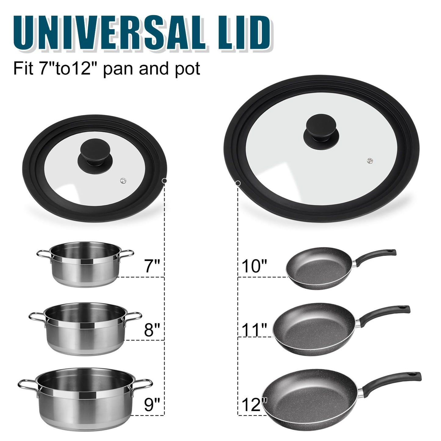 Universal Lid for Pots Pans and Skillets, 2 Pack Pan Cover fit 7", 8" 9" & 10", 11", 12" Diameter Cookware, Silicone Replacement Pan Lid Pot Lids for Frying Pans, Cast Iron,Tempered Glass Lid