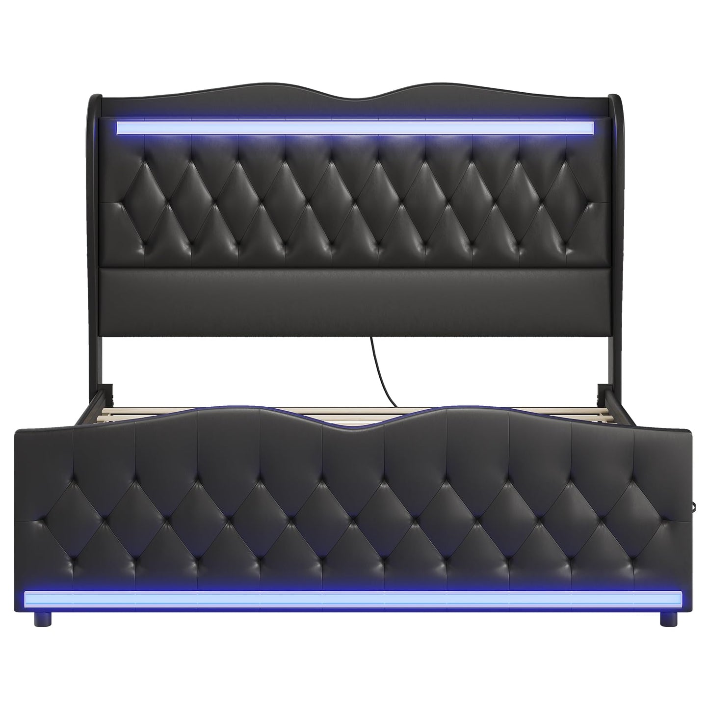 ADORNEVE King Bed Frame with Tall Wingback Headboard and LED Lights, Pu Leather Upholstered Platform Bed King with Headboard Storage, Charging Station, Solid Wood Slats, No Box Spring Needed, Black